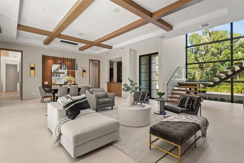 Dining room, Interior, Living room, Pendant Lights, Recessed Lighting, Wooden Beams