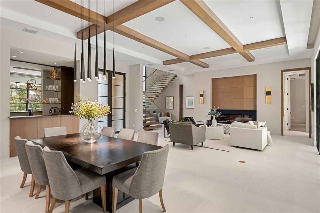 Dining room, Fireplace, Interior, Living room, Pendant Lights, Recessed Lighting, Wooden Beams