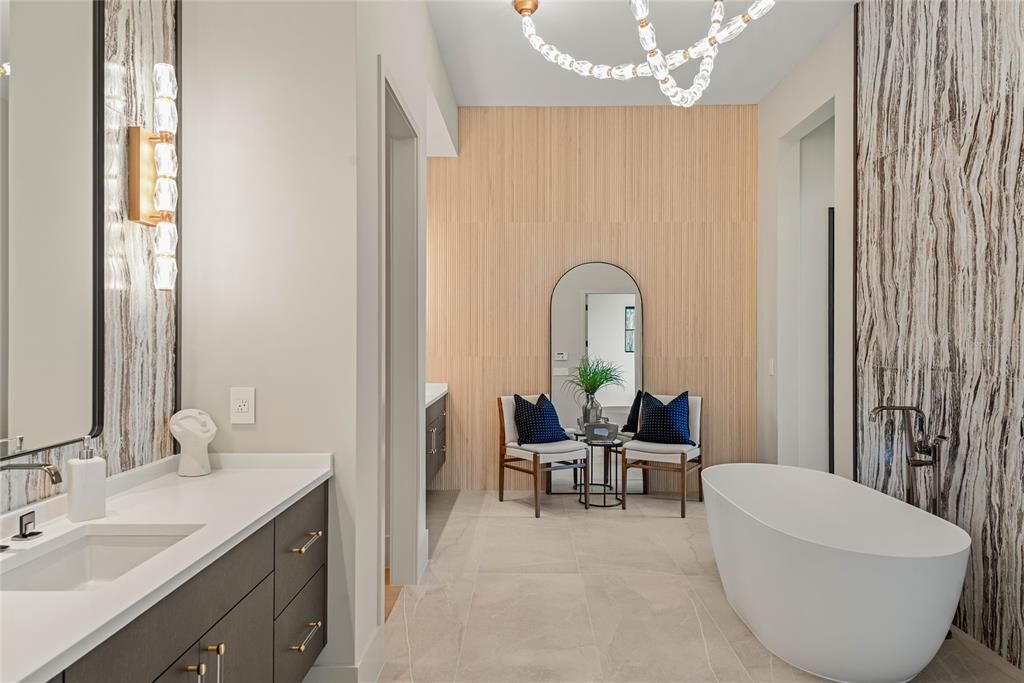 Bathroom, Dual Sink Vanities, Free Standing Baths, Interior, Pendant Lights