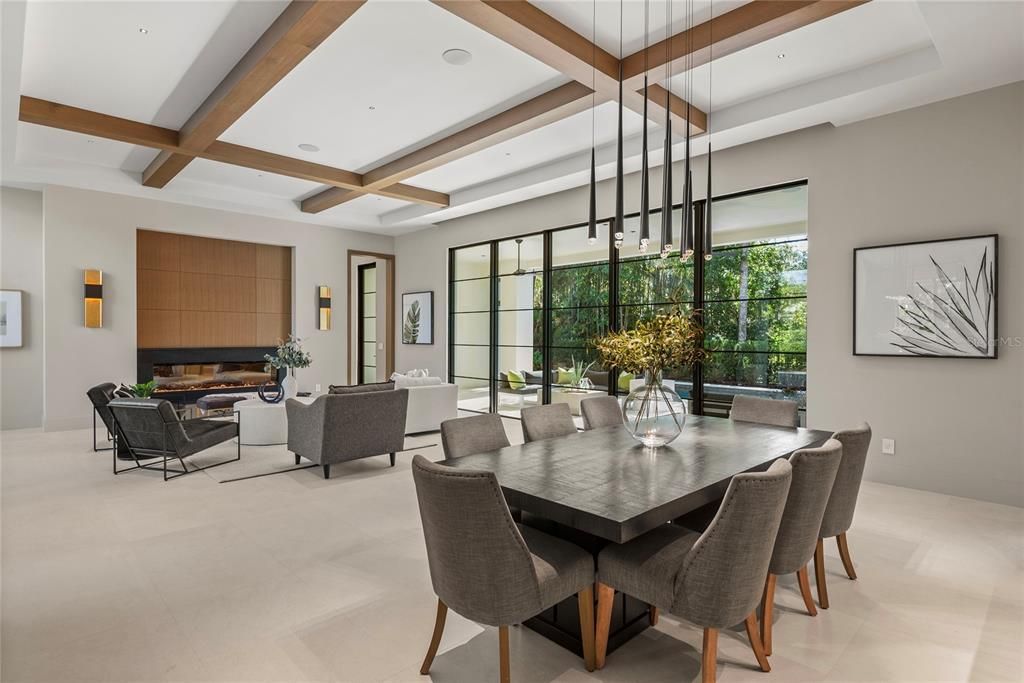 Dining room, Fireplace, Interior, Living room, Pendant Lights, Recessed Lighting, Wooden Beams