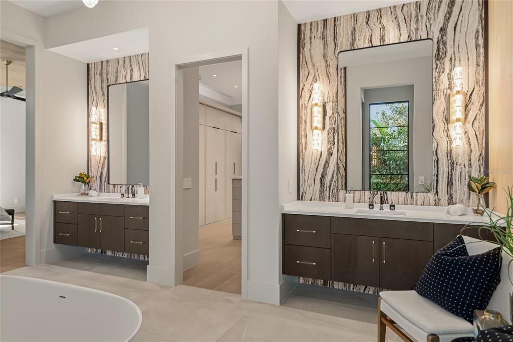 Bathroom, Dual Sink Vanities, Interior, Recessed Lighting, Wood Texture Flooring