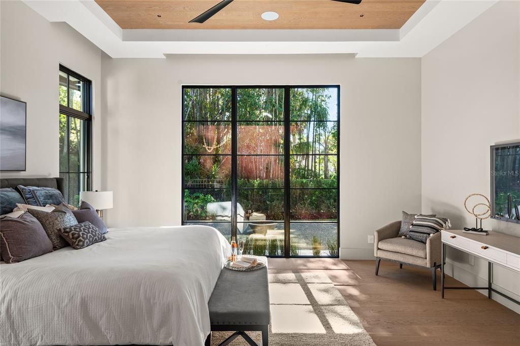 Bedroom, Interior, Recessed Lighting, Wooden Ceilings, Wood Texture Flooring