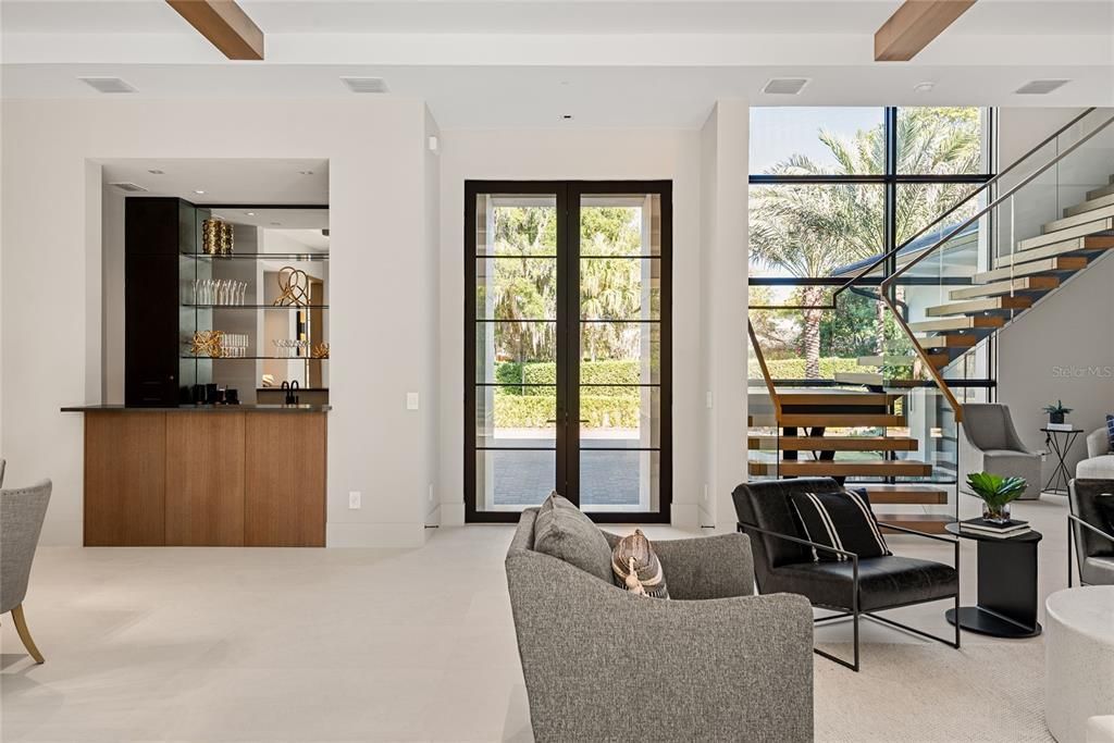 Interior, Living room, Recessed Lighting, Wooden Beams