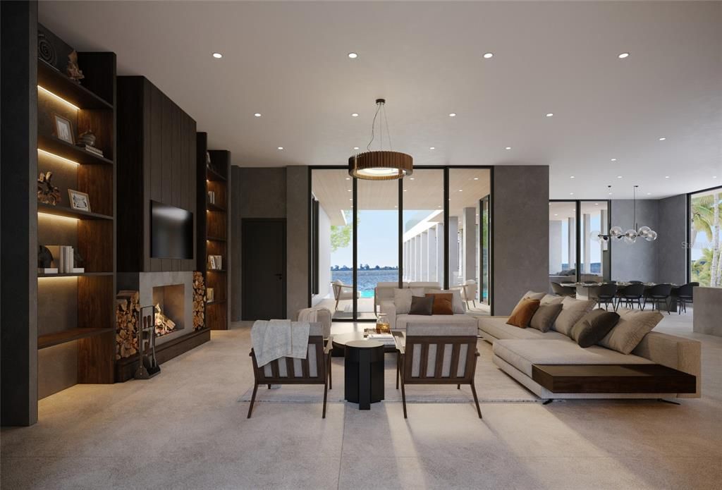 Dining room, Fireplace, Interior, Living room, Pendant Lights, Recessed Lighting, Water