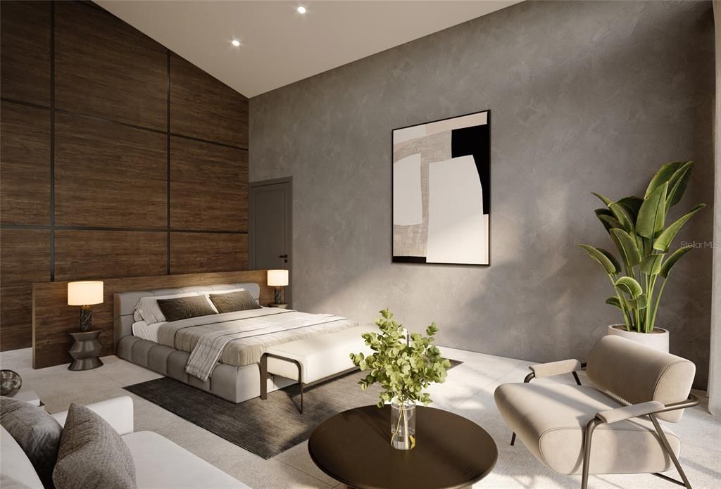 Bedroom, Interior, Recessed Lighting, Wooden Walls