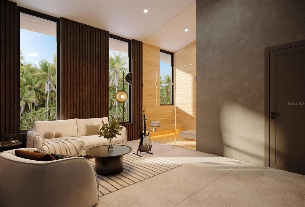 Interior, Living room, Recessed Lighting, Wooden Walls