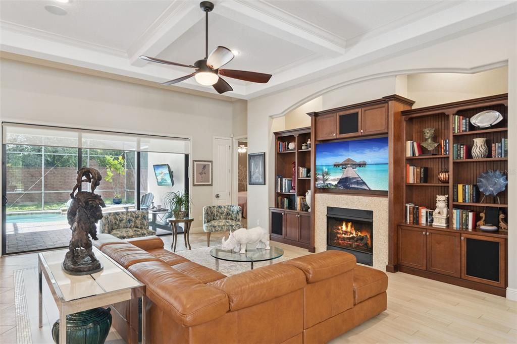 Fireplace, Interior, Living room, Recessed Lighting, Wood Texture Flooring