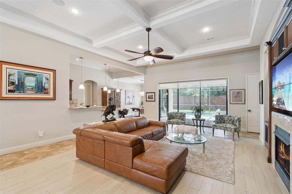 Fireplace, Interior, Living room, Pendant Lights, Recessed Lighting, Wood Texture Flooring