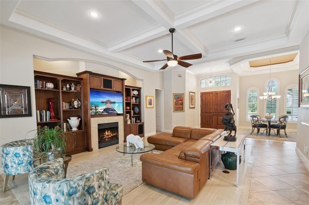 Chandelier, Dining room, Fireplace, Interior, Living room, Recessed Lighting
