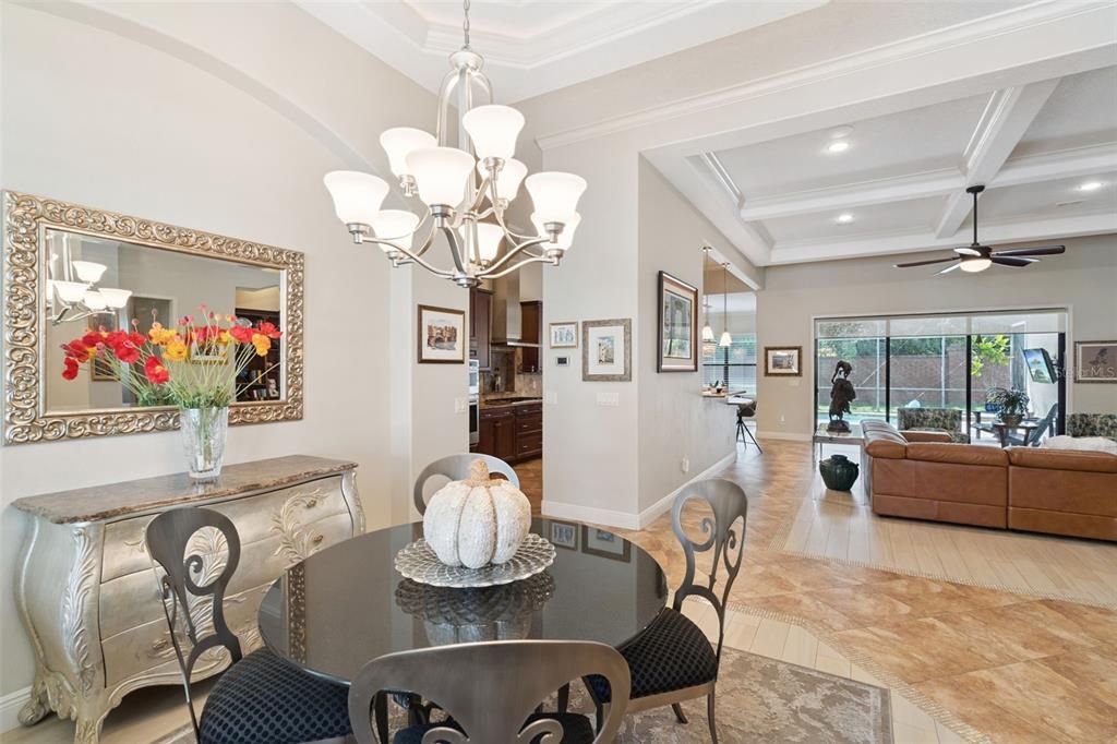 Chandelier, Dining room, Interior, Living room, Recessed Lighting, Wood Texture Flooring