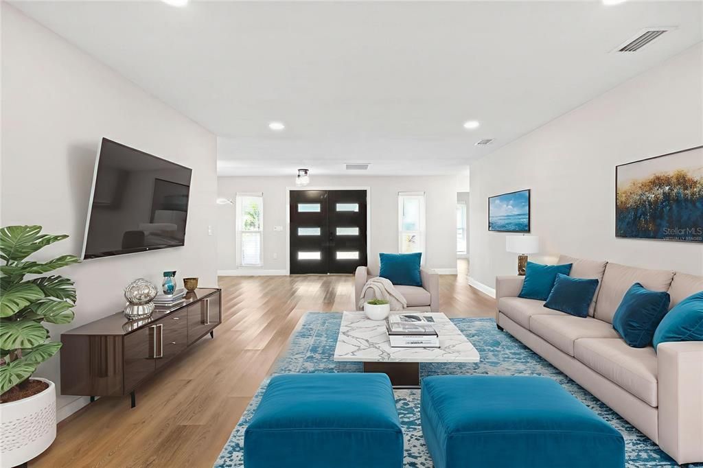 Interior, Living room, Recessed Lighting, Wood Texture Flooring