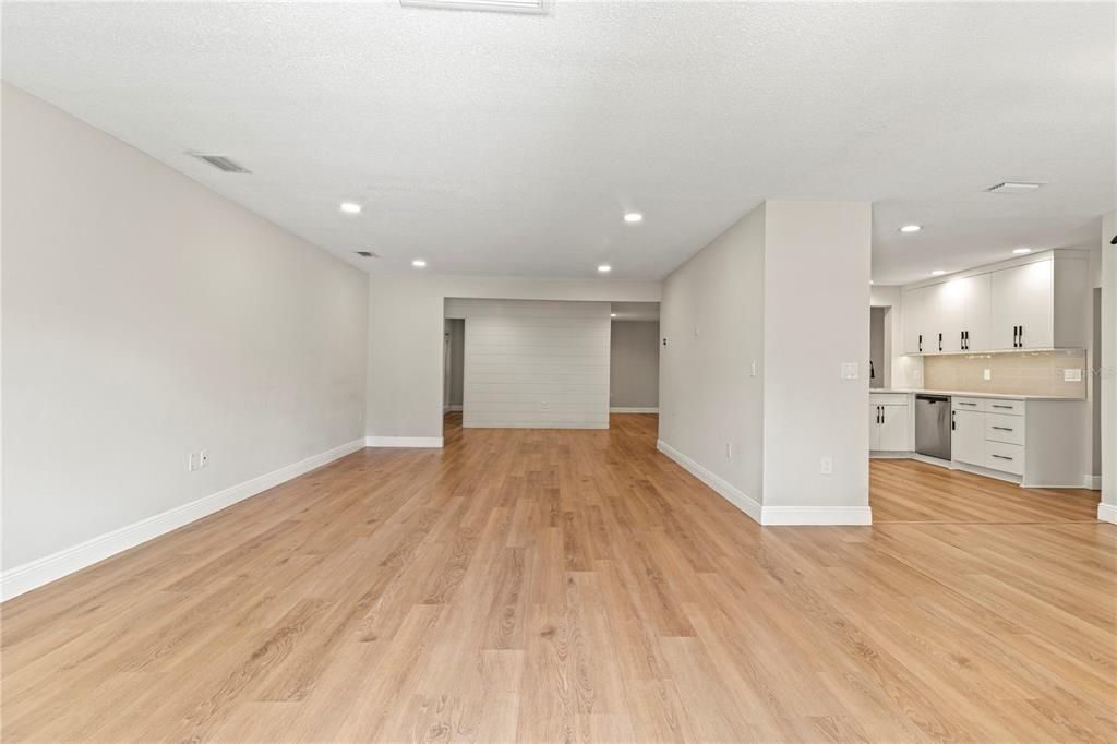 Empty room, Interior, Kitchen, Recessed Lighting, Wood Texture Flooring