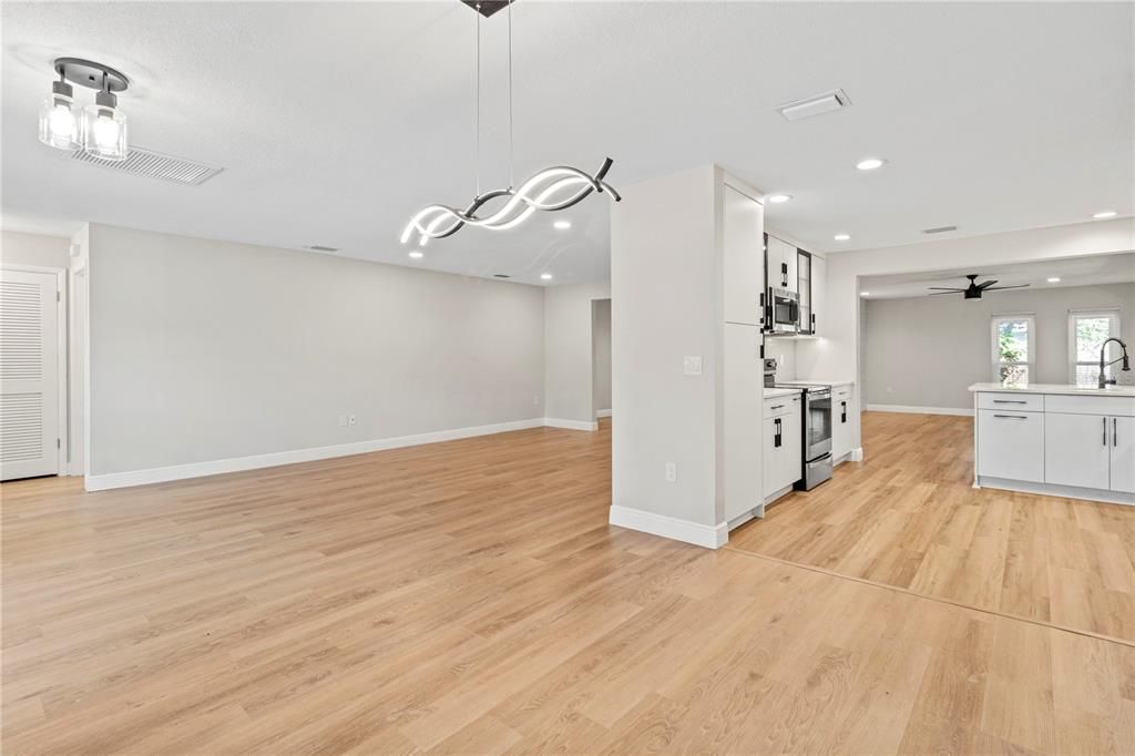 Interior, Kitchen, Pendant Lights, Recessed Lighting, Wood Texture Flooring