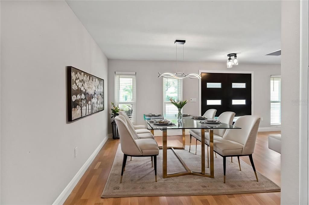 Dining room, Interior, Pendant Lights, Wood Texture Flooring