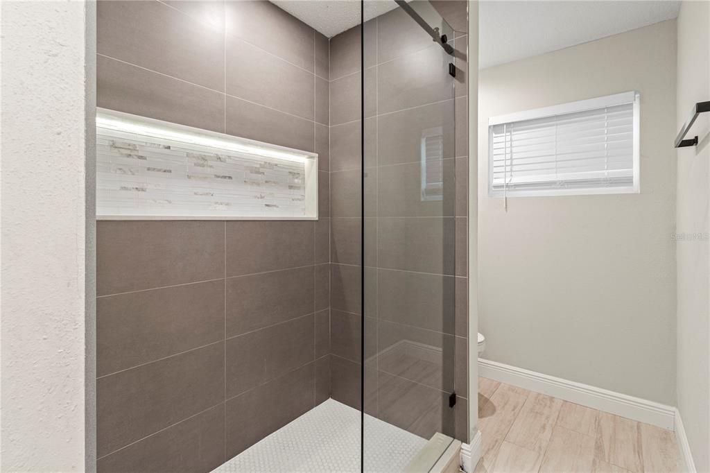 Bathroom, Glass Shower, Interior, Wood Texture Flooring