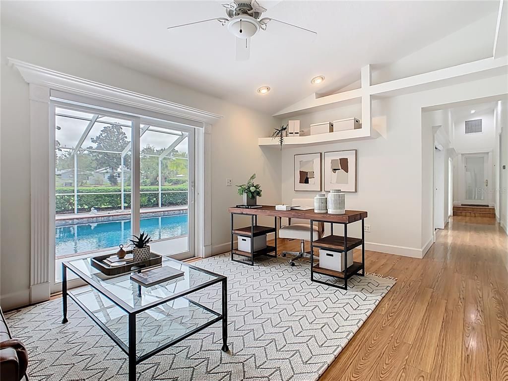 Home Office, Interior, Pool, Recessed Lighting, Sun Room, Wood Texture Flooring