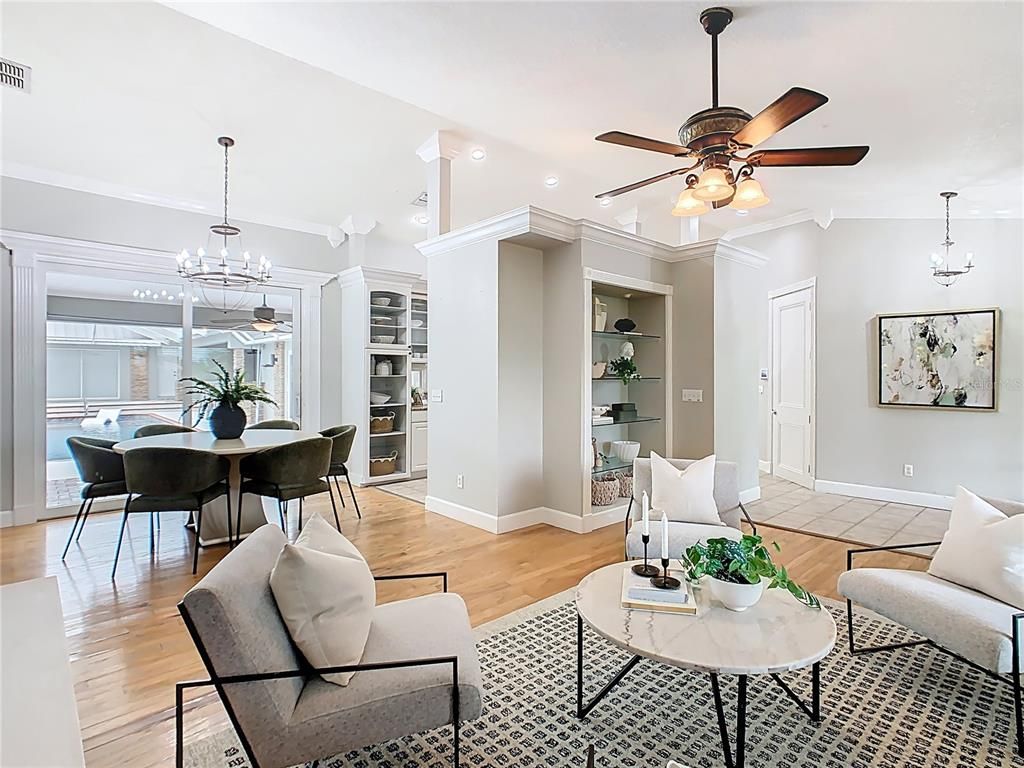 Chandelier, Dining room, Interior, Living room, Pendant Lights, Recessed Lighting, Wood Texture Flooring