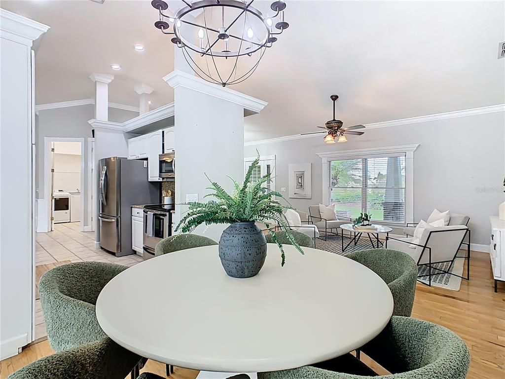 Chandelier, Dining room, Interior, Kitchen, Living room, Recessed Lighting, Wood Texture Flooring