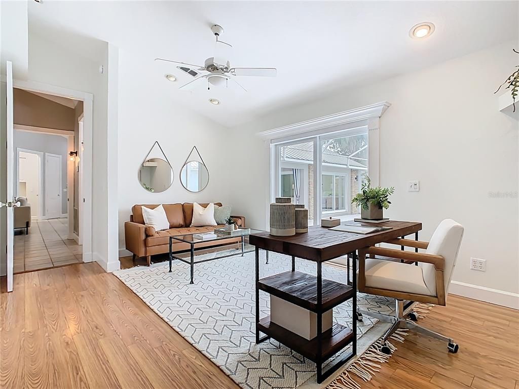 Dining room, Interior, Living room, Recessed Lighting, Wood Texture Flooring