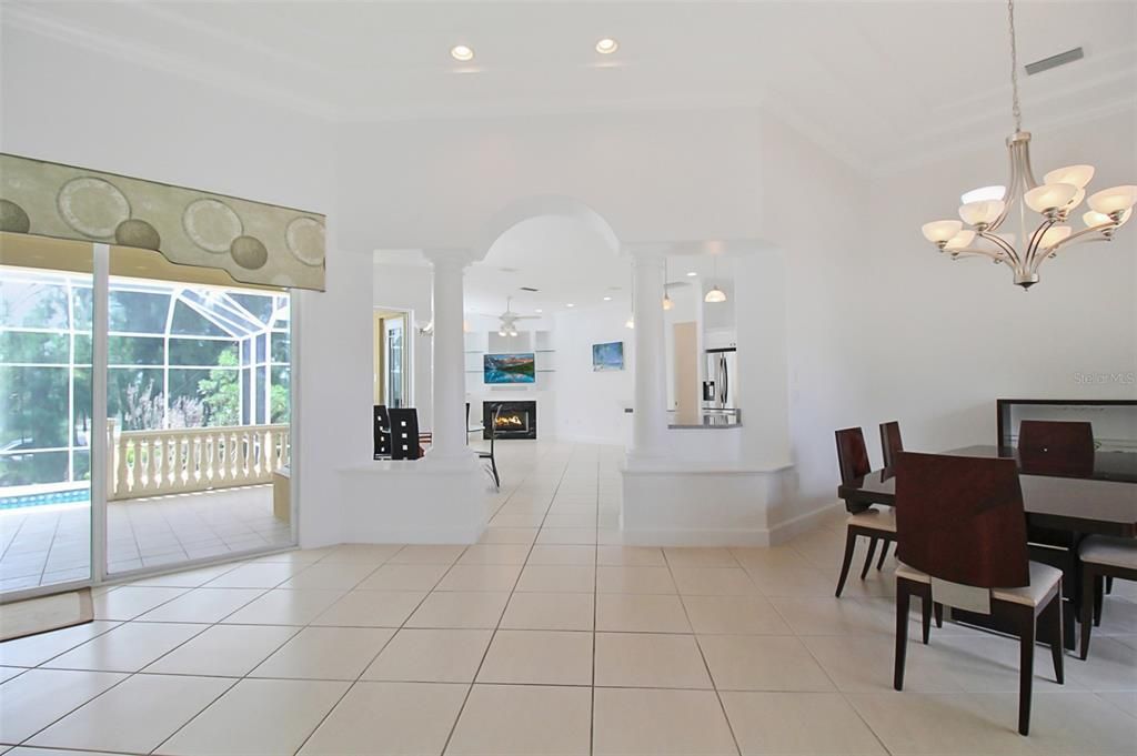 Chandelier, Dining room, Fireplace, Interior, Recessed Lighting