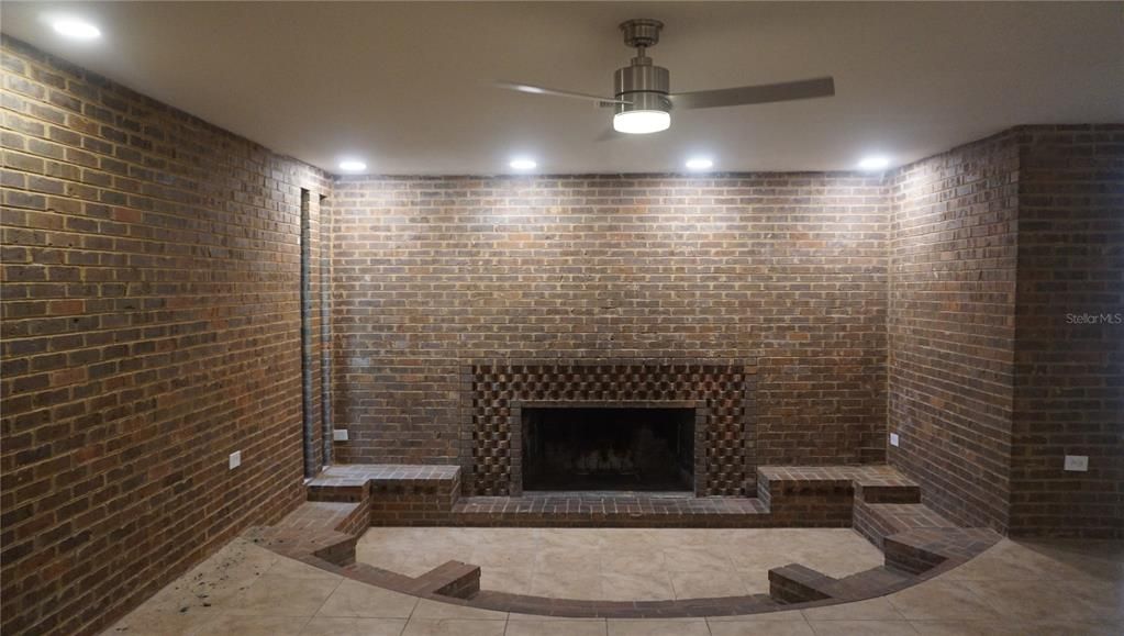 Fireplace, Interior, Recessed Lighting, Stone Walls