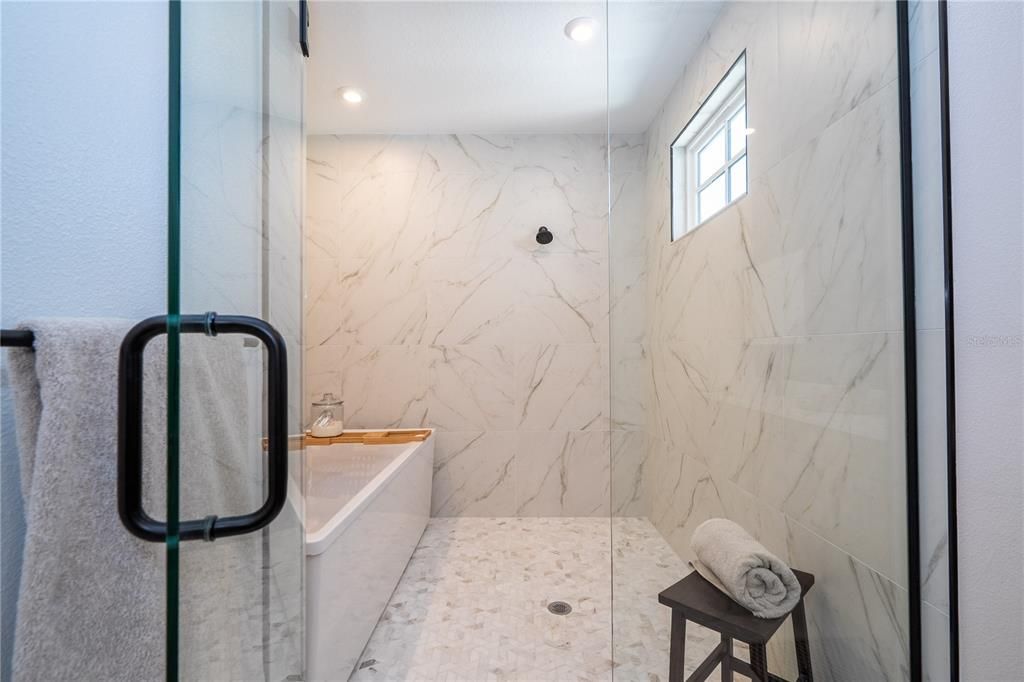 Bathroom, Glass Shower, Interior, Marble Walls, Recessed Lighting