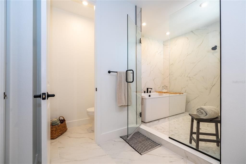 Bathroom, Glass Shower, Interior, Marble, Marble Walls, Recessed Lighting