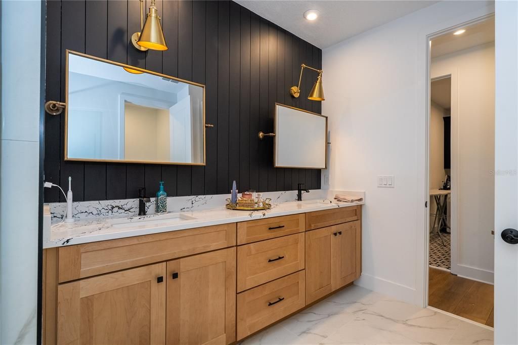 Bathroom, Dual Sink Vanities, Interior, Marble, Recessed Lighting, Wood Texture Flooring