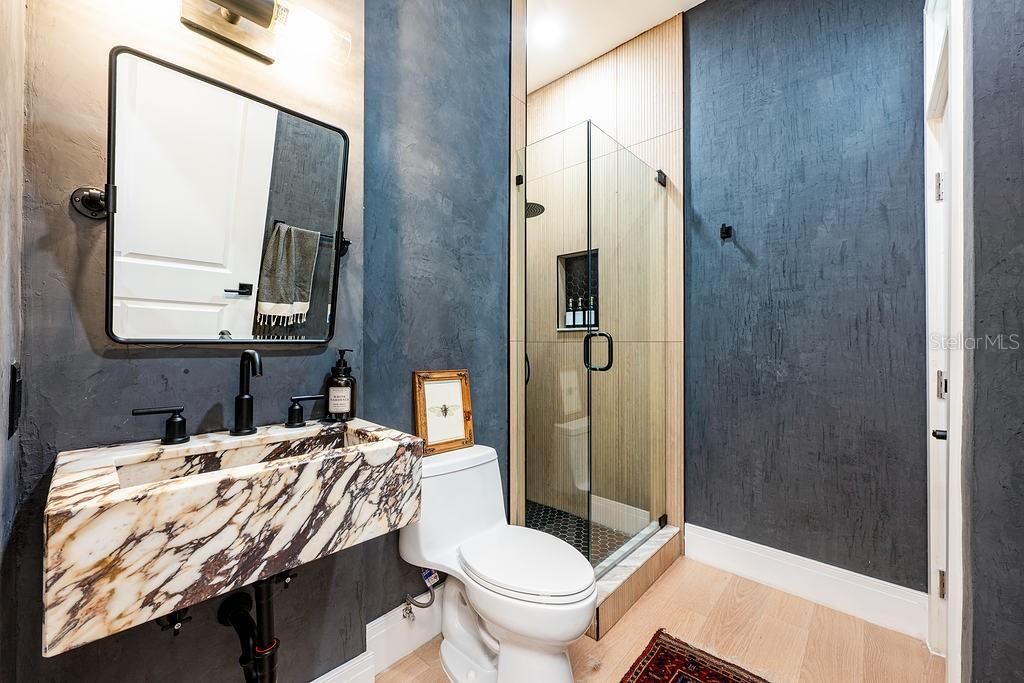 Bathroom, Glass Shower, Interior, Wood Texture Flooring