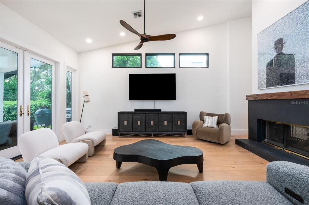 Fireplace, Interior, Living room, Recessed Lighting, Wood Texture Flooring