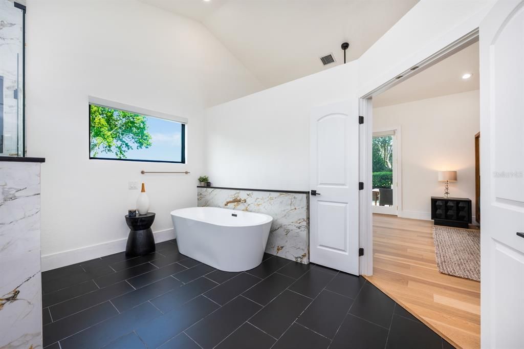Bathroom, Free Standing Baths, Interior, Marble Walls, Recessed Lighting