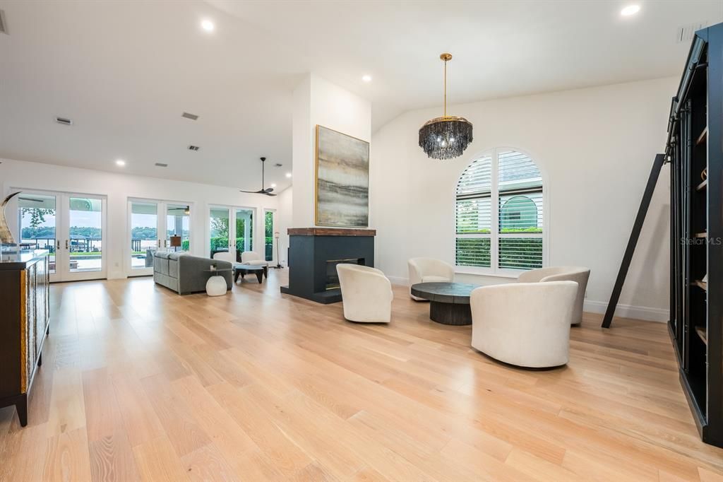 Fireplace, Interior, Living room, Pendant Lights, Recessed Lighting, Wood Texture Flooring