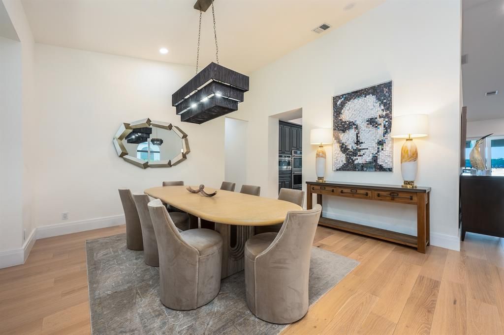 Dining room, Interior, Pendant Lights, Recessed Lighting, Wood Texture Flooring