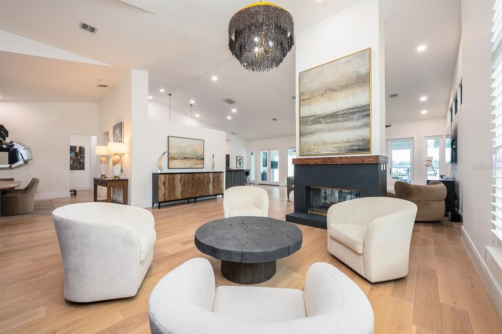 Fireplace, Interior, Living room, Pendant Lights, Recessed Lighting, Wood Texture Flooring