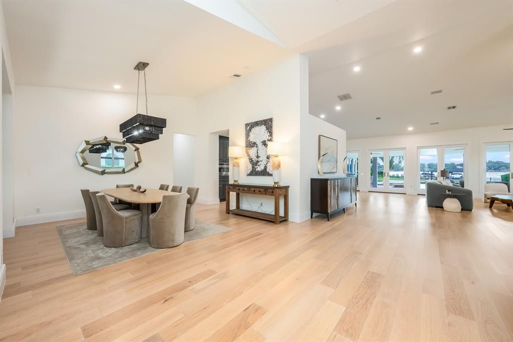 Dining room, Interior, Pendant Lights, Recessed Lighting, Wood Texture Flooring