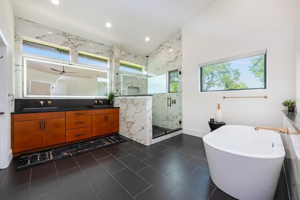 Bathroom, Dual Sink Vanities, Free Standing Baths, Glass Shower, Interior, Marble Walls, Recessed Lighting