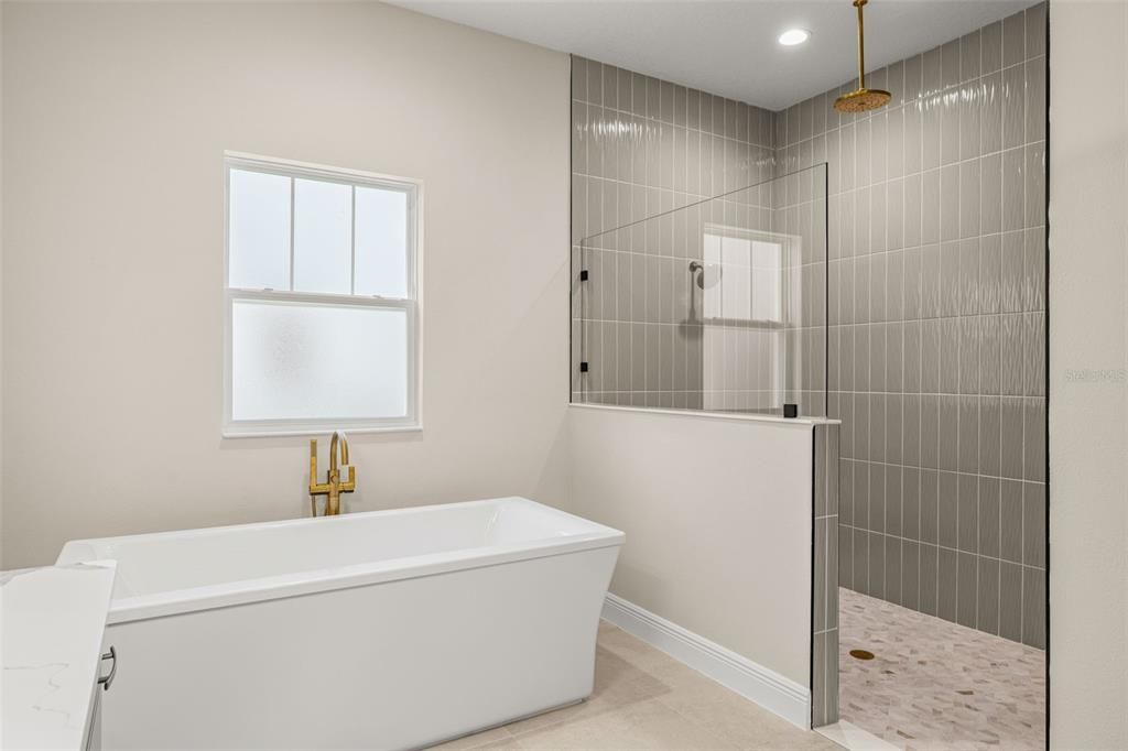 Bathroom, Free Standing Baths, Glass Shower, Interior, Recessed Lighting