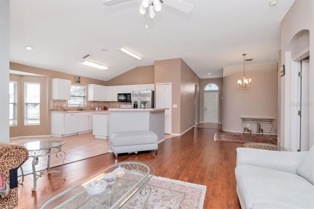 Chandelier, Interior, Kitchen, Pendant Lights, Recessed Lighting, Wood Texture Flooring