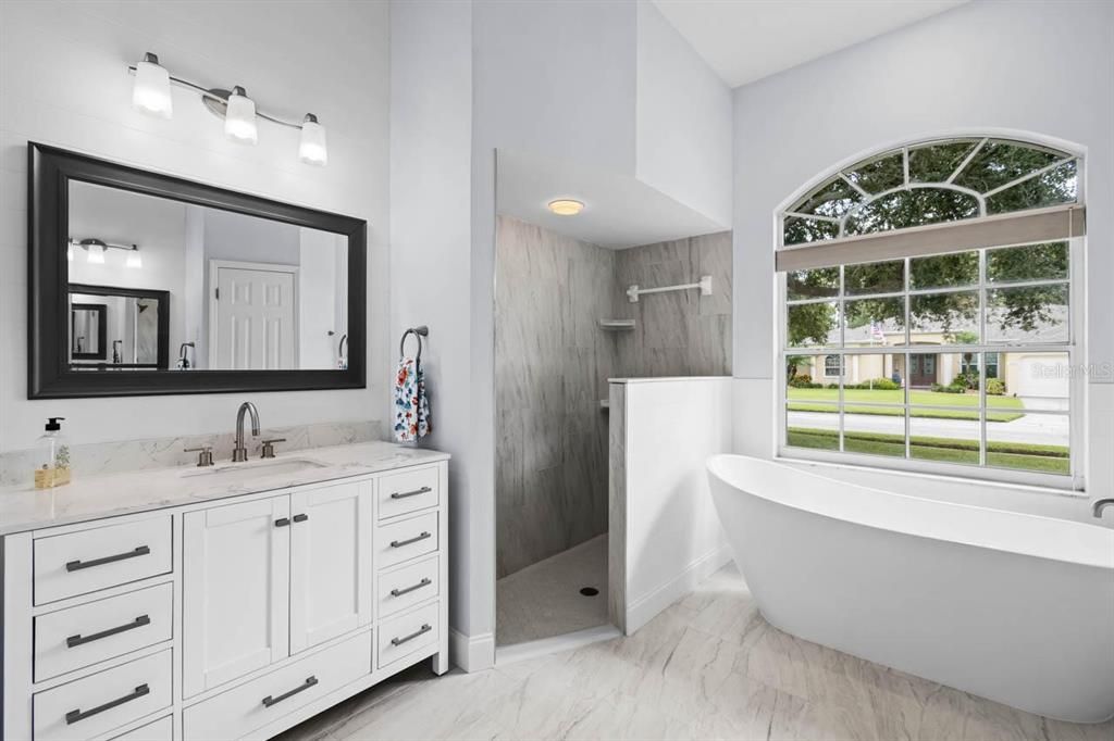 Bathroom, Dual Sink Vanities, Free Standing Baths, Interior, Marble, Marble Walls, Wooden Walls