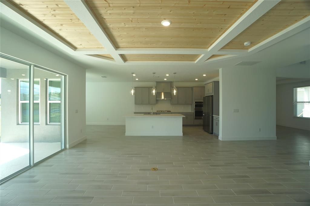 Empty room, Interior, Kitchen, Pendant Lights, Recessed Lighting, Wooden Ceilings