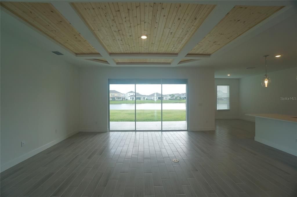 Empty room, Interior, Pendant Lights, Recessed Lighting, Wooden Ceilings, Wood Texture Flooring