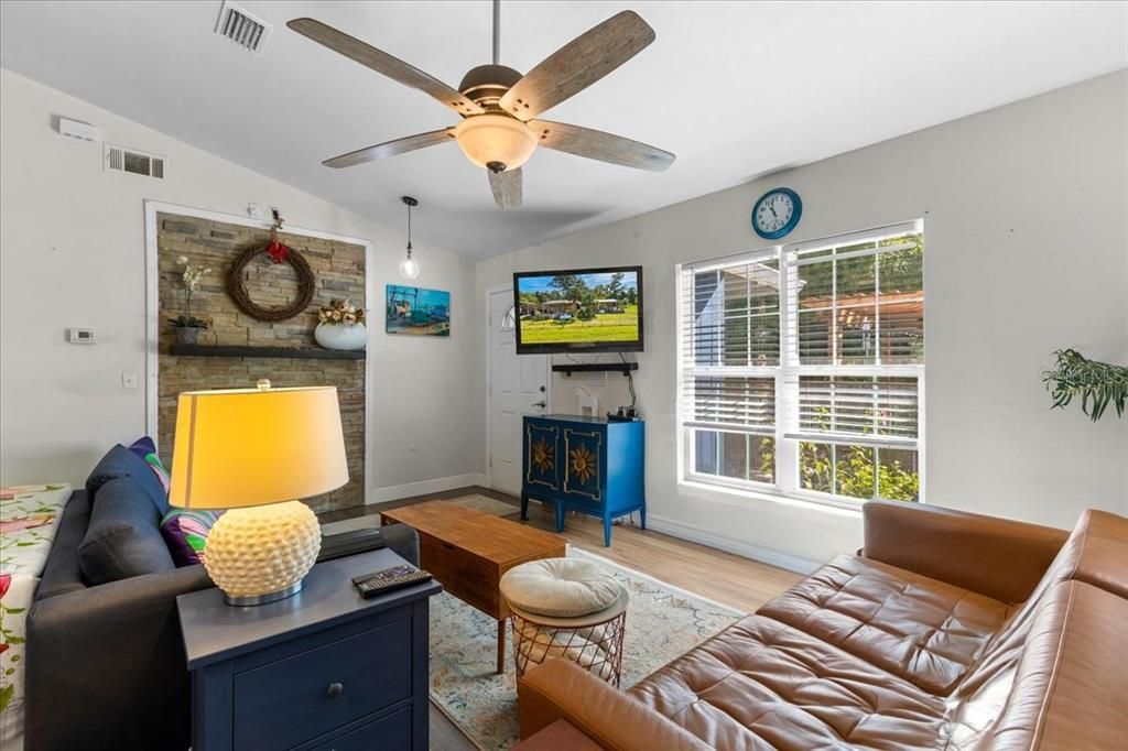 Interior, Living room, Stone Walls, Wood Texture Flooring