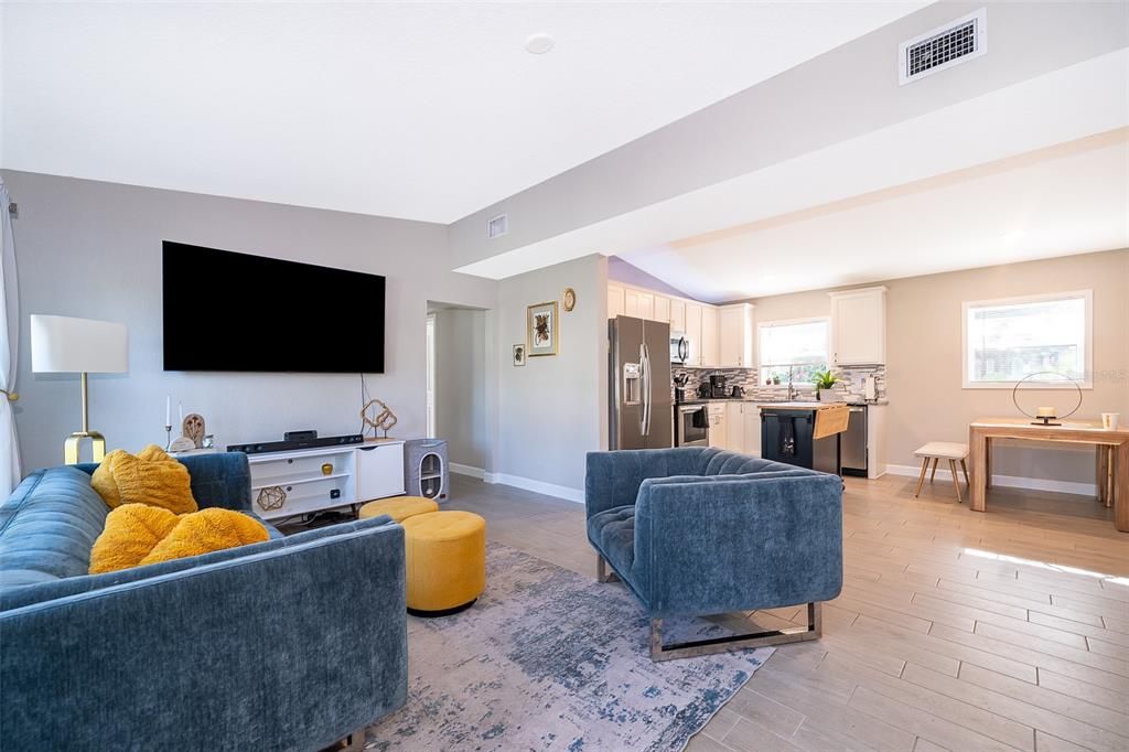 Interior, Kitchen, Living room, Stainless Steel Appliances, Wood Texture Flooring