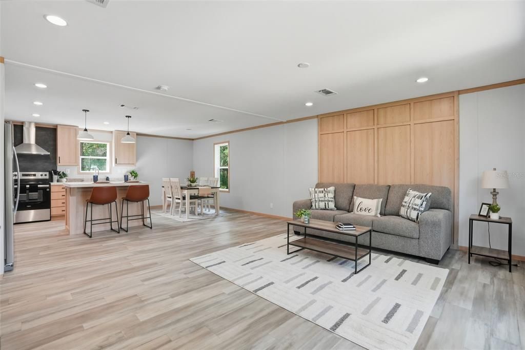Dining room, Interior, Kitchen, Living room, Pendant Lights, Recessed Lighting, Stainless Steel Appliances, Wood Texture Flooring