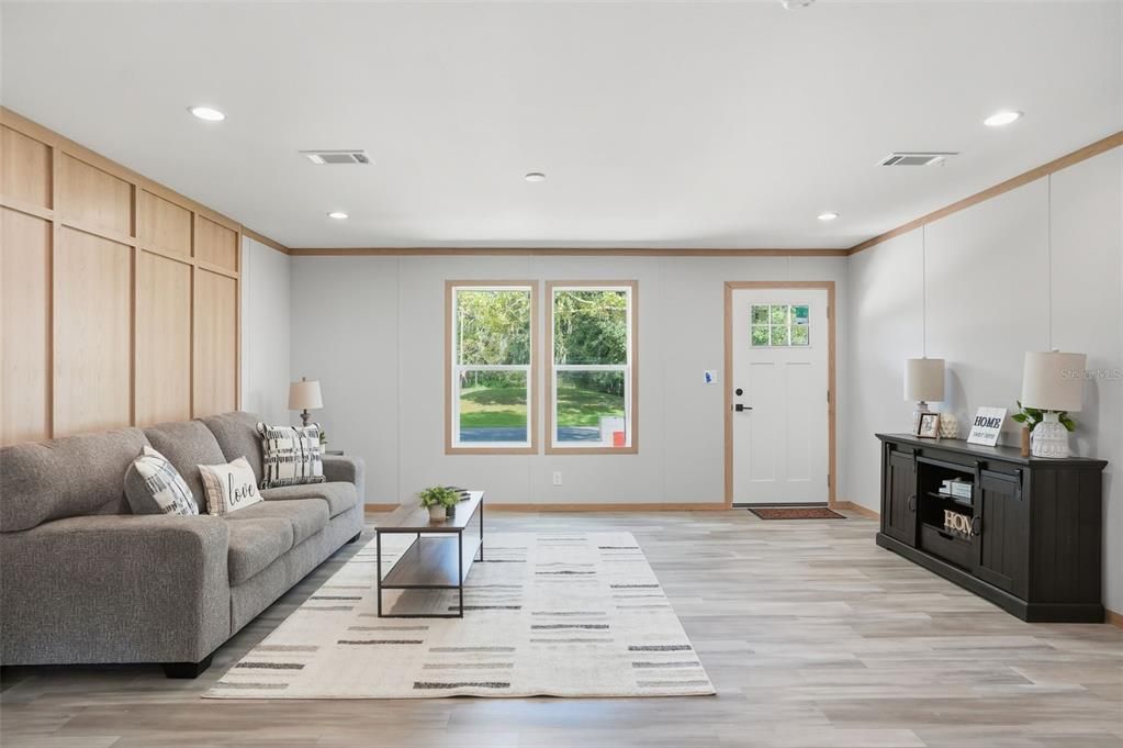 Interior, Living room, Recessed Lighting, Wood Texture Flooring