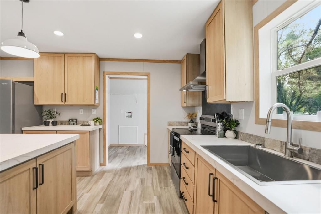 Interior, Kitchen, Pendant Lights, Recessed Lighting, Wood Texture Flooring