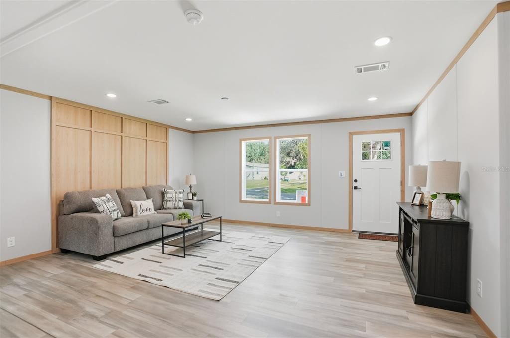 Interior, Living room, Recessed Lighting, Wood Texture Flooring