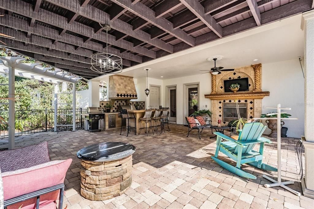 Exterior, Fireplace, Outdoor Kitchen, Pendant Lights