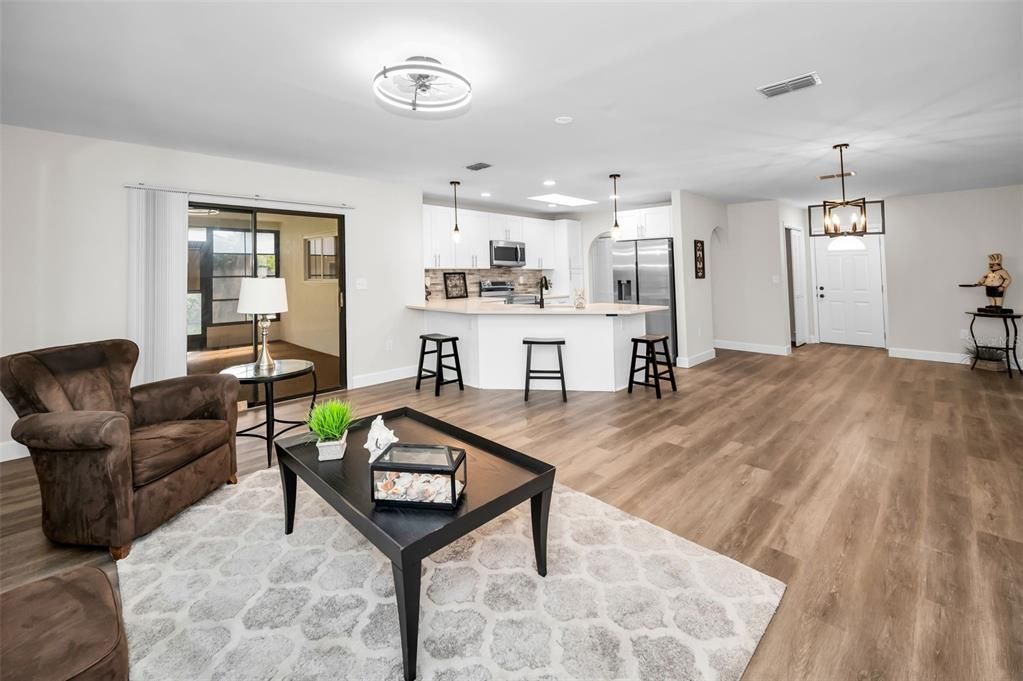 Interior, Kitchen, Living room, Pendant Lights, Recessed Lighting, Stainless Steel Appliances, Wood Texture Flooring