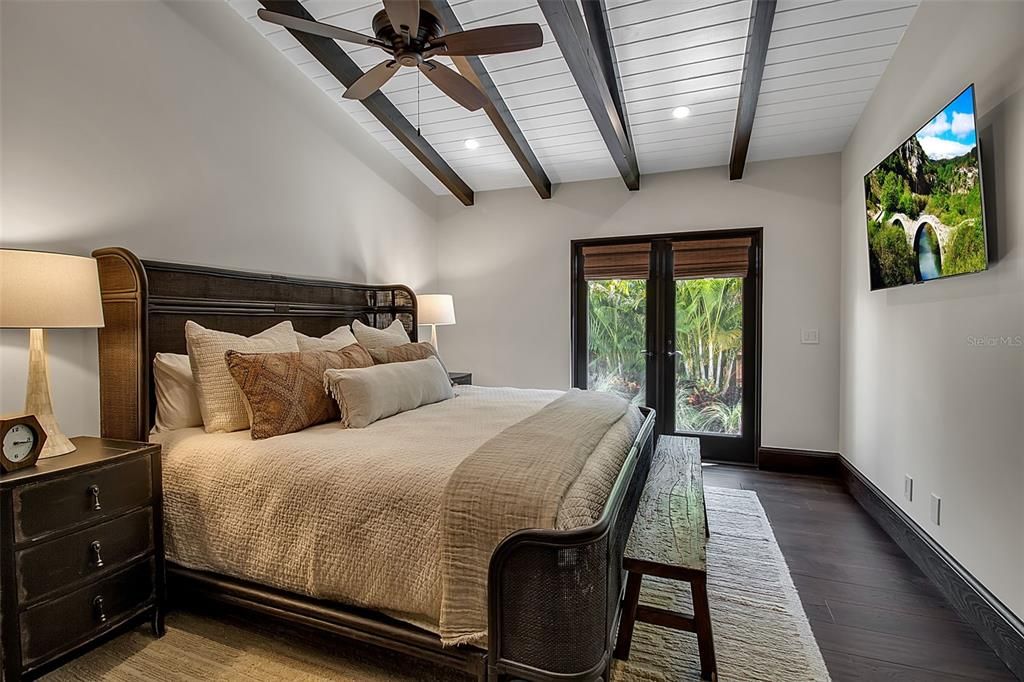 Bedroom, Interior, Recessed Lighting, Wooden Beams, Wood Texture Flooring